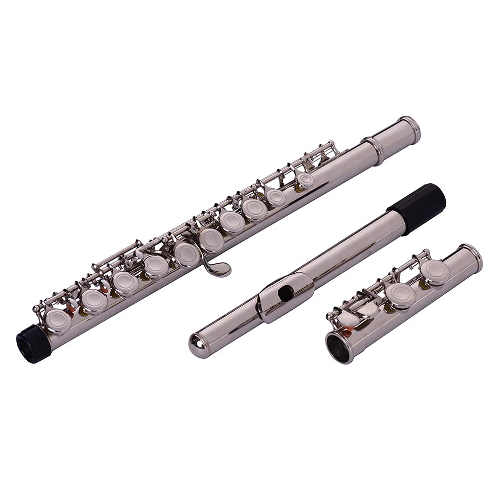 Flauta 16 Agujeros Tono C, Instrumento Viento Metal Plata con Soporte Estuche, Flauta Plata para Principiantes Músicos Estudiantes Práctica Concierto