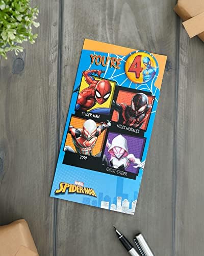 UK Greetings 4th Birthday Card for Boys - Spider Man Birthday Card - Marvel Birthday Card - 4 Today Birthday Card - Badge Included, Multi (698250-0-1)