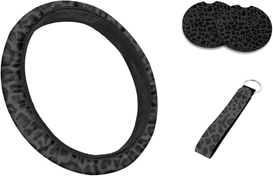 Black and Grey Leopard Car Steering Wheel Cover Set with 2 Pack Car Coasters and Keyring Universal 14-15.5 Inches Auto Steering Wheel Protector Cheetah Print Car Accessories Set4 Pack