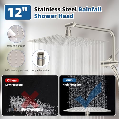 Image of 12 inch Metal Rainfall Shower Head with 10-Mode Handheld, Brushed Nickel