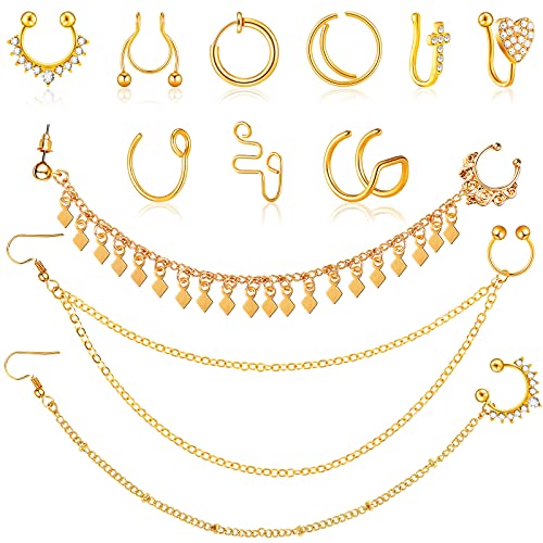 Junkin 12 Pieces Nose Ring Chain Jewelry Stainless Steel Nose Chain Nose Cuff Fake Septum Fake Nose Ring Hoop Fake Septum Ring Non Piercing Nose Rings Gold for Women and Men