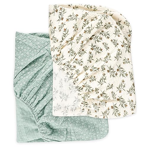 Image of Muslin Crib Sheets 2 Pack for Girl & Boy, HNHUAMING Soft and Breathable Baby Crib Sheet, Neutral Baby Sheets Fitted Standard Crib & Toddler Bed Mattress 52" X 28" (Blue + Green)