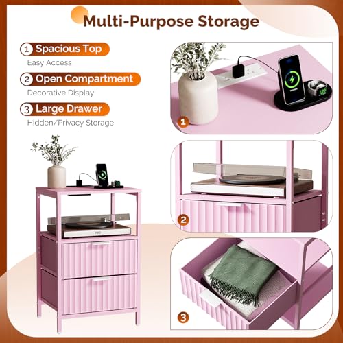 Image of Bonnlo Fluted Nightstand Set of 2, Fabric Dresser with 2 Drawers and 1 Shelf, Bedside Table /End Table with Charging Station, Nightstand for Bedroom, Livingroom, College Dorm, Pink