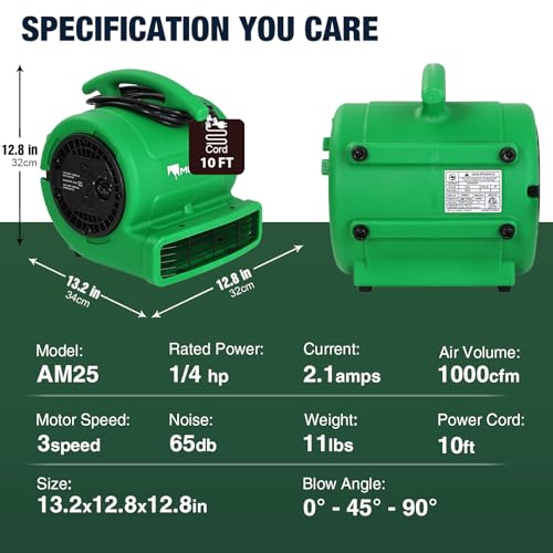 Mounto MT-AM25 1/4Hp 1000Cfm 2 Speed Air Mover Carpet Dryer Floor Fan Cooling Fan  thumb #2