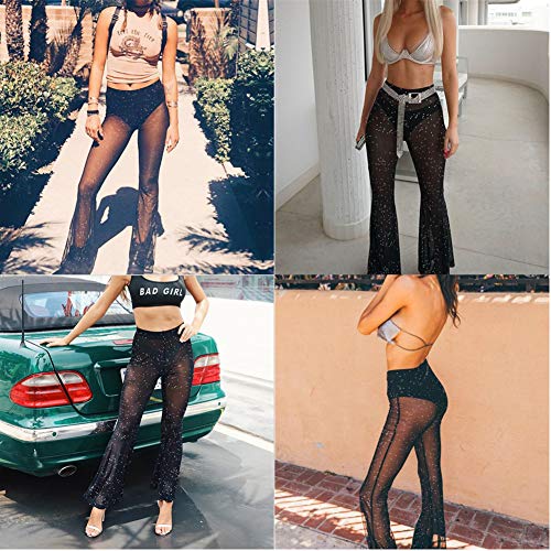 JUMISEE Women Rave Sheer Mesh Star Sequined Flared Pants High Waist Bell Bottom Pants for Party Festival3