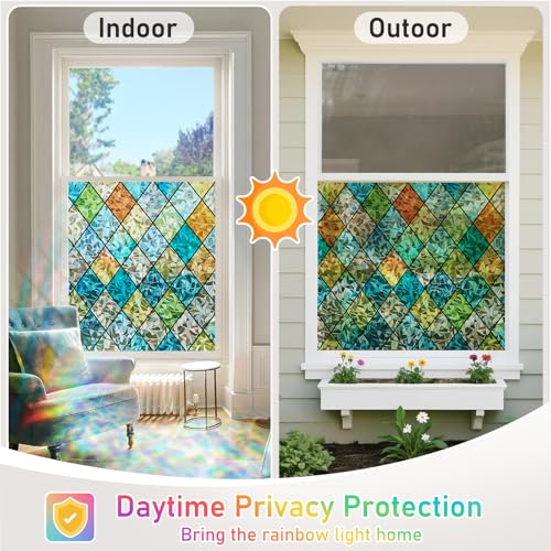 Image of Sunbaby Window Privacy Film Stained Glass Decorative Rainbow Window Cling 3D Static Clings Colorful for Home Decoration, Anti-UV & Heat Control Non-Adhesive (17.5 inchx78.7 inch)
