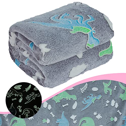 VHORATE Kinder Glow In The Dark Decke, Superweiche Flanell Fleecedecke, Warm Gemütlich Pelzige Decke für Kinder, Mädchen, Jungen 152×127cm (Grau Dinosaurier)