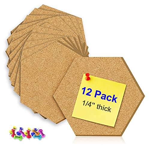 Hexagon Cork Board Tiles 12 Pack Cork Board Self Adhesive 1/4'' Thick Push Pin Picture Boards Bulletin Boards Cork Boards for Walls Office DÃ©cor