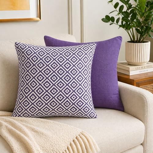 Image of Pack of 1 Reversible 24x24 Inch Purple Cotton Argyle Woven Fashion Throw Pillow Covers Cases for Couch Sofa Home Decoration | 60 x 60 cm