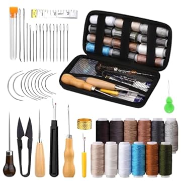 YSWOVUO Kit da Cucito in Pelle, 48 Pezzi Kit di Riparazione Tappezzeria, Set da Cucito in Pelle per Tappezzeria Include Filo per Cucire e Aghi, Punteruolo, per la Lavorazione Della Pelle