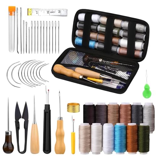 YSWOVUO Herramientas Cuero Kit, 48 Piezas Kit de Costura de Cuero, Kit de Cuero Herramientas Incluye Punzón de Coser, Abridor de Costuras, Dedal y 12 Colores de Hilo de Reparación, para Cuero DIY