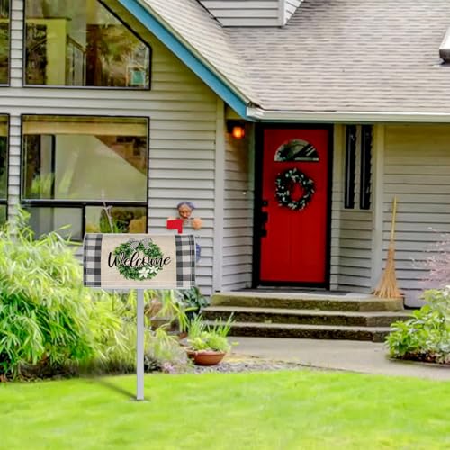 Image of Tiamon Summer Plaid Mailbox Covers Magnetic Eucalyptus Welcome Letter Box Wrap Standard Size 21x18 Inch Spring Wreath Mailbox Decor Plaid Post Box Decoration for Outdoor Garden Yard