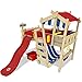WICKEY Letto per bambini con scivolo CrAzY Hutty Letto a soppalco con tetto Letto Avventura con rete a doghe, rosso-blu + scivolo