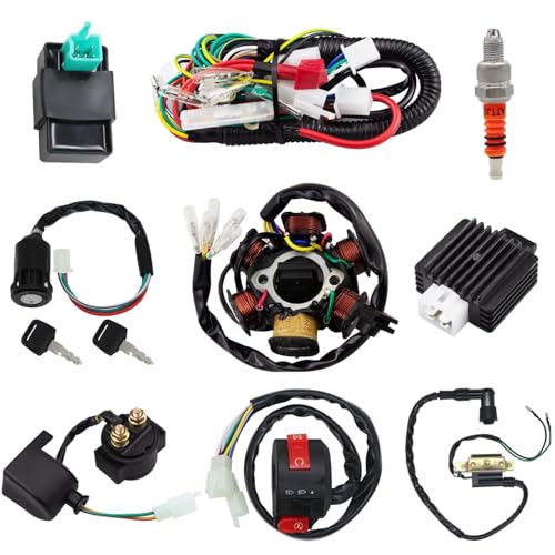 Complete Wiring Harness Kit Electrics Wiring Harness Stator Coil CDI Wiring Harness Solenoid Relay Spark Plug for 4 Wheelers Stroke ATV 50cc 70cc 110cc 125cc Go Kart Quad Dirt Buggy Bike Parts (black)