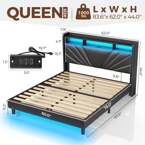 Image of Rolanstar Queen Size Bed Frame, Storage Headboard with Charging Station and LED Lights, Upholstered Bed with Heavy Duty Wood Slats, No Box Spring Needed, Noise Free, Easy Assembly, Black