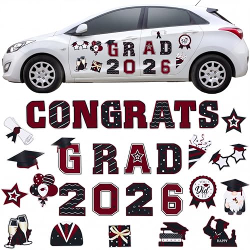 Image of Landhoow 30 Pcs Graduation Car Magnets 2026 Senior Graduation Car Decoration Bumper Sticker Congrats Grad Magnet Magnetic Refrigerator Decal for Grad Parade Party Supplies (Maroon /Burgundy, Black)