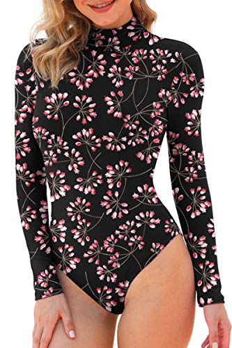 LAOLASI Women's Mock Turtle Neck Long Sleeve Slim Fit Casual Sexy Basic Bodysuit Daily Jumpsuit Shirts, Flower Gypsophila Black, Medium