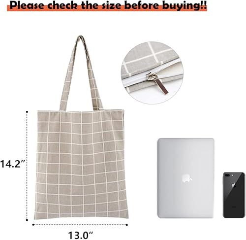 Miniatura 2 de Hooshing Bolsa de lona a cuadros reutilizable 100% algodón con cremallera y bolsillo interior para compras, escuela, viajes, Cuadros grises