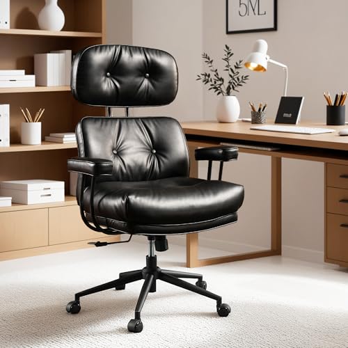 Image of ovios Ergonomic Office Chair, High Back Faux Leather Executive Chairs with Thick Cushion, Comfy Mid-Century Modern Swivel Rolling Computer Armchair (Black, PU Leather)