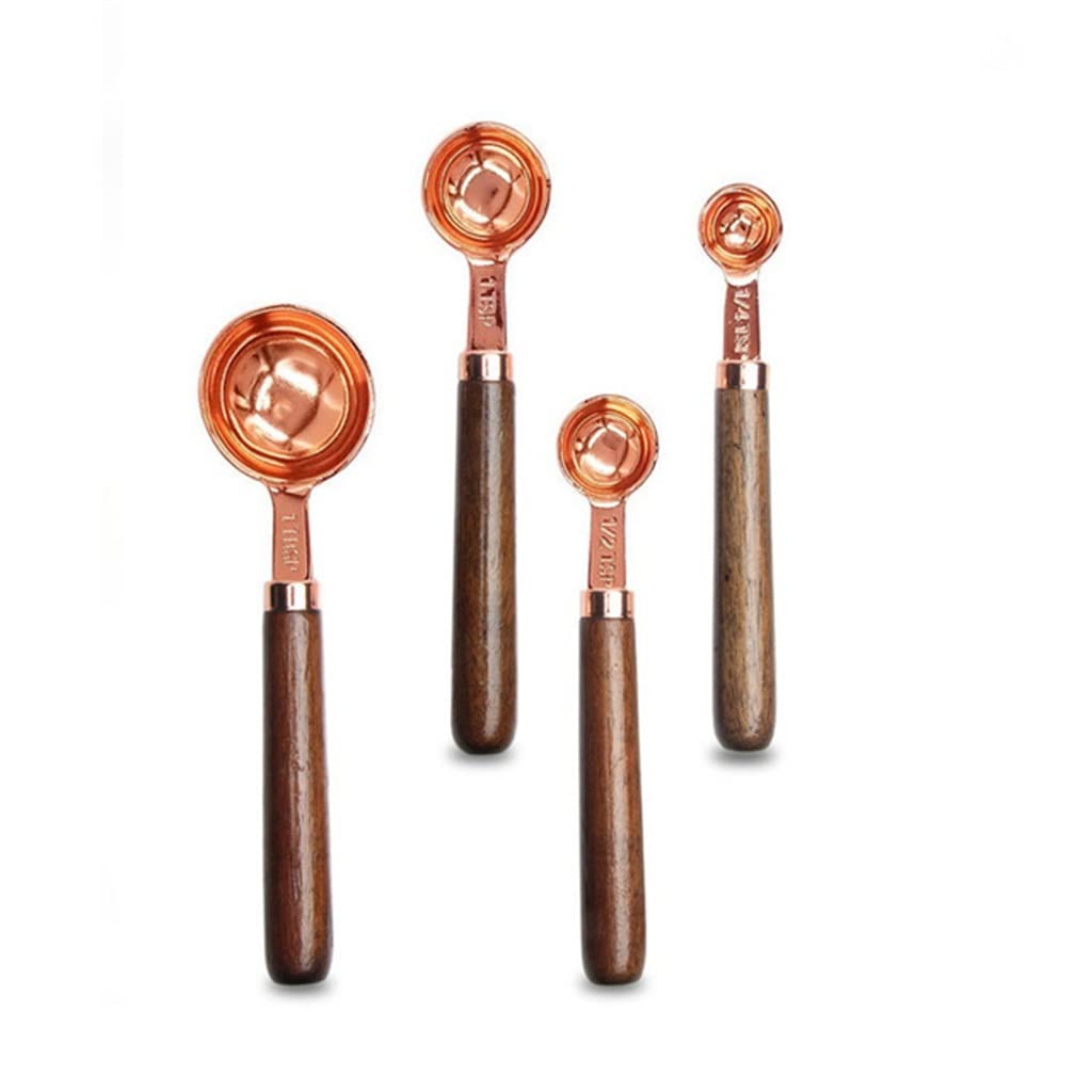 4 pièces/lot ensemble de cuillères en acier inoxydable manche en bois ensemble de cuillères en cuivre pour la cuisson et la cuisson (couleur : A, taille : comme le montre l'image) (A comme le montre