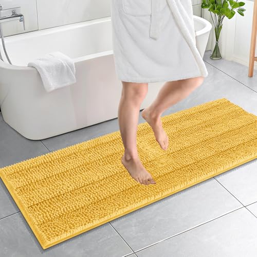 Image of OLANLY Thick Bathroom Runner Rugs 59x20, Absorbent Chenille Striped Bath Rugs, Rubber Backing, Machine Wash Dry, Extra Long Bath Mats for Bathroom Floor, Tub and Shower, Home Decor Accessories, Yellow
