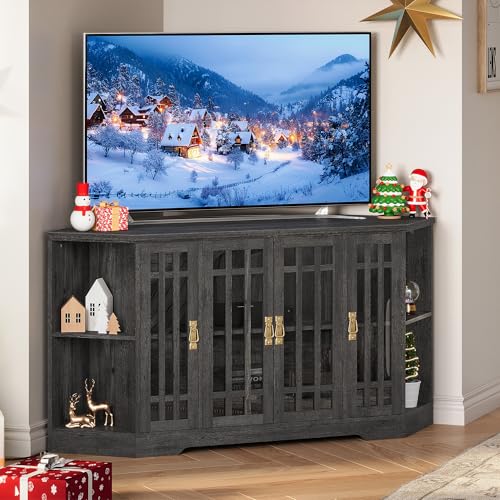 Image of IRONCK Corner TV Stand for TVs up to 60 Inch with Power Outlet, Corner Entertainment Center with Storage Cabinet and Glass Doors, Mid Century Modern TV Stand for Living Room, Bedroom, Charcoal Grey