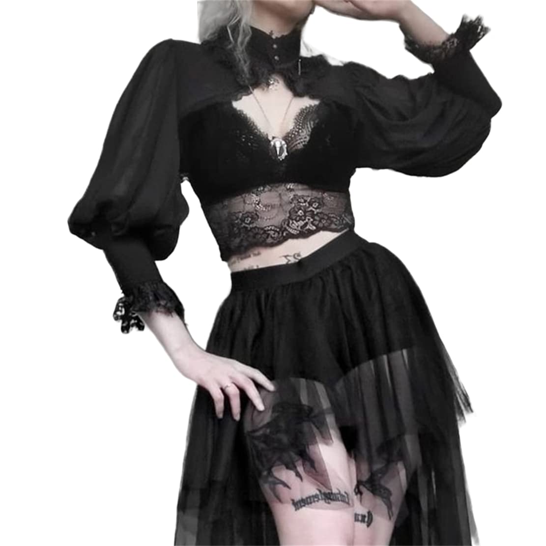 Blusas femininas góticas Punk Cover Ups malha cropped top transparente sexy manga longa blusa Y2k Black Rave Outfit Festival - P - Roupas góticas para mulheres blusa vitoriana