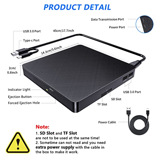 Image of HATOKU External CD DVD Drive for Laptop, USB 3.0 and USB-C Portable Burner Writer, 8X DVD and 24X CD Reader Player, Plug and Play Optical Drive for Windows 11 /10 /8 /7, MacBook, Desktop, MacOS Linux