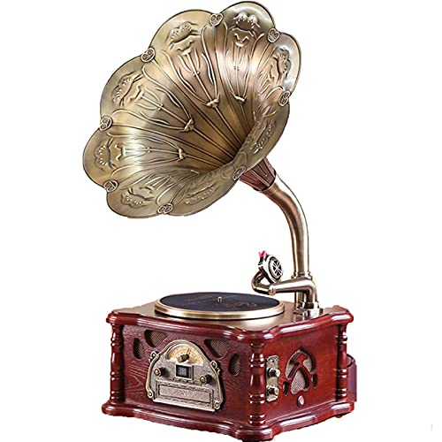 Gramophone Retro BL Function, Platine Vinyle Vintage avec Caisson de Basses Intégré, Tourne-Disque avec Radio, CD, USB, MP3, 3 Vitesses