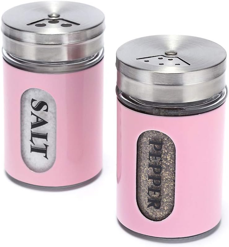 Adjustable Pink Stainless Steel & Glass Salt and Pepper Shakers Set Adjustable Pink Stainless Steel & Glass Salt and Pepper Shakers Set