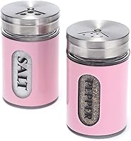 Vista 1 de Salt and Pepper Shakers Stainless Steel and Glass Set with Adjustable Pour Holes (Pink)