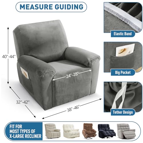 Image of ZNSAYOTX 2026 Velvet Oversized Recliner Cover 3-Piece, Luxury Plush Recliner Chair Covers with Elastic Band & Ties Stay in Place, Stretch Reclining Slipcover for Lazy Boy Soft Washable (Grey)