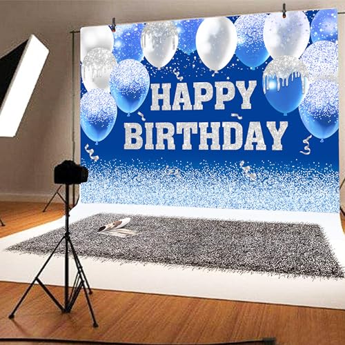 Image of Happy Birthday Decorations Backdrop 8 x 6 ftBlueHappy Birthday Banner Large Birthday Party Background for Men Women Kids Photo Shoot Supplies (Blue, 8 * 6 ft)