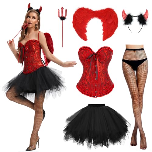 Charmofun Teufel Kostüm Damen, Rotes Halloween Kostüm Damen Teufel mit Korsett, Flügeln & Strumpfhöschen, Sexy Teufel Kostüm für Karneval &...
