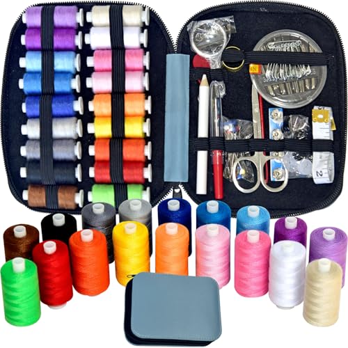 Image of Sewing Kit with Case Portable Sewing Supplies for Home Traveler, Adults, Beginner, Emergency, Contains 18 Sewing Thread, Scissors, Needles, Measure etc,Medium Delft Blue