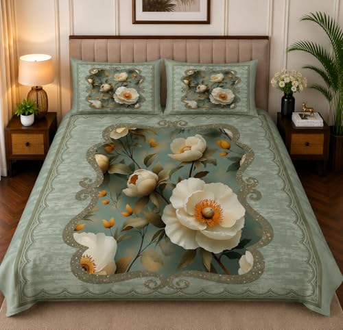 Image of 7D Digital Printed King Size Bedsheet with 2 Pillow Covers | Soft Premium Cotton Feel Microfiber Double Bed Bedsheet | Breathable,Wrinkle Free & Fade Resistant |(Seagreen, KingSize-225x250CM)