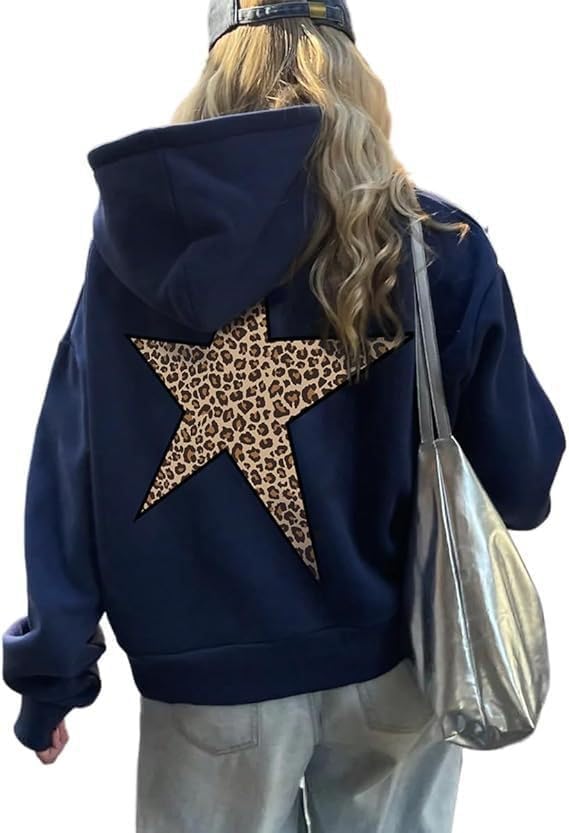 Obenie Women Oversized Leopard Star Graphic Hoodies Y2K Aesthetic Long Sleeve Pullover Sweatshirt Unisex Pullover Tops