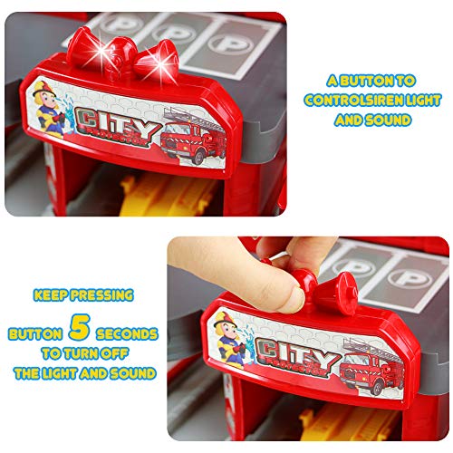 Fajiabao Fire Trucks Toy Garage Playset Race Track Cars Airplane Fireman Learning Toy Vehicle Indoor Party Games Family Assembly Parking Lot Station with Siren Lights Sounds for Kids - Thumbnail 6