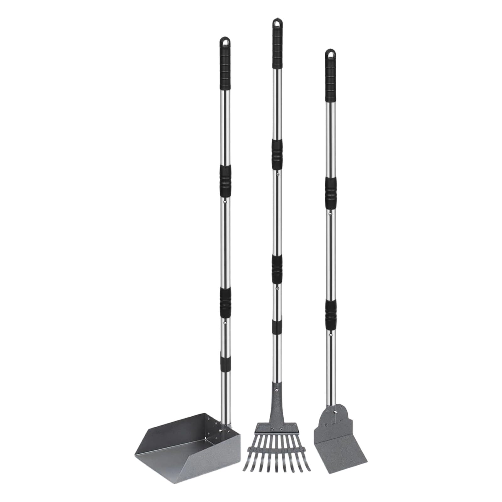 Ordinaryone All Metal Dog Poop Removal Set With Interchangeable Heads 3 In 1 Waste Scooper Tray And Rakes For Outdoor Maintenance Rustproof Steel Pet Shovel