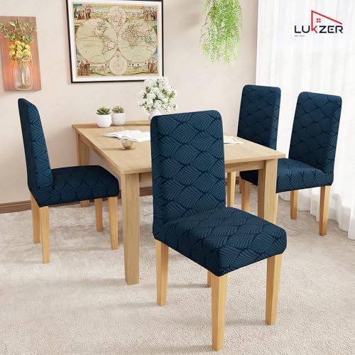 Image of Lukzer Elastic Dining Chair Cover - 6PC Pastel Marine Blue Leaf Trail | Textured High Stretch Jacquard Seat Cover | Removable Washable Short Dining Chair Cover Protector Seat Slipcover | (CC-131-06)