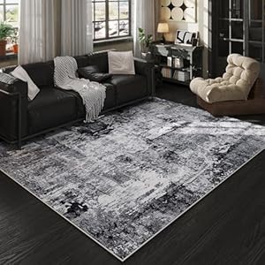 Rugcomf Area Rug 5×7 Washable Rug Boho Soft Abstract Pattern Non-Slip Faux Wool Vintage for Living Room, Bedroom, Farmhouse, Dining Room, Kids Playroom, Grey and Black