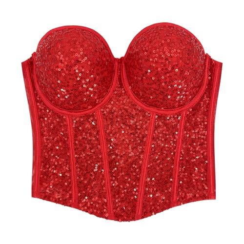 ELLACCI Women's Sexy Sequin Sheer Mesh Bustier Corset Tops Red4