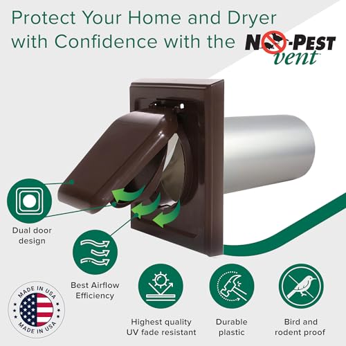 Image of NO-PEST VENT Dual Door Dryer Vent Cover 4 Inch Outdoor, Made in USA, Highest UV-Resistant Plastic, No Lint-Collecting Screen (Brown, 4 inch Plastic Vent With Duct Tube)