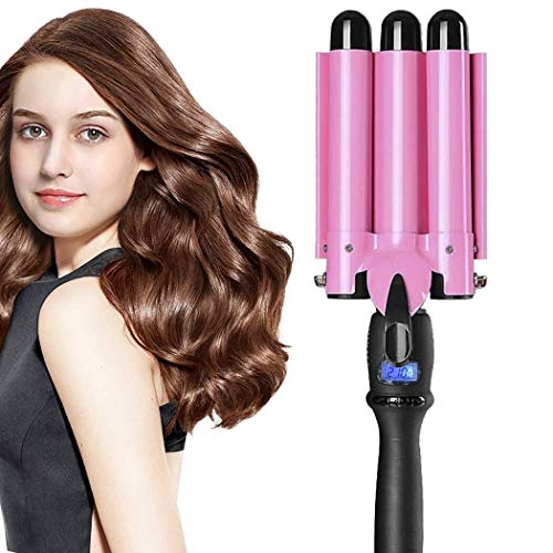 Hair Curling Iron 3 Barrel Curling Iron Wand Hair Crimper with LCD Temperature Display - 1 Inch Ceramic Tourmaline Triple Barrel Dual Voltage Hair Waving Styling Tools (Light Pink) Hair Styling Tools