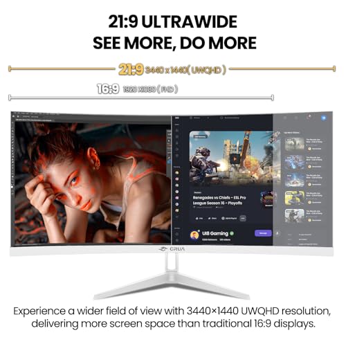 Image of CRUA 34 Inch 21:9 UWQHD 100Hz IPS Ultrawide Curved Monitor, Speakers, White | 120% sRGB, 92% DCI-P3, 1.07B Colors, FreeSync, Blue Light, 3800R, HDMI 2.0, DP 1.4, 100x100 Mount, Office, Editing, Design PC