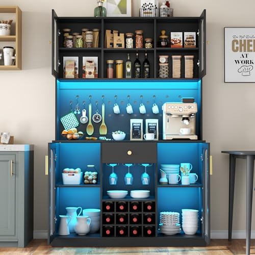 72" Tall Wine Bar Cabinet with LED Lights, Coffee Bar Cabinet wit...