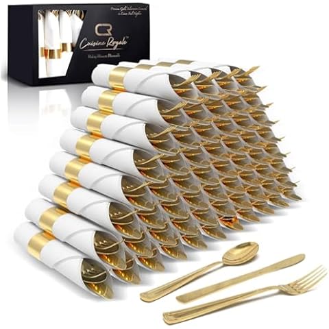 Prestee 50 Pre Rolled Gold Plastic Silverware Set Disposable, 200 Piece Gold Silverware Disposable and Reusable, Cutlery Set with Forks, Knives, Spoons, and Napkins for Weddings and Parties Cover