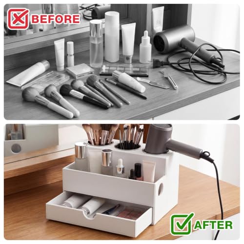 Image of AceOrbit Hair Tool Organizer with Drawer Back to School Gift Leather Bathroom Vanity Organizer White Blow Dryer Hot Styling Tool Hair Holder for Countertop Curling Iron Flat Iron Straightener Makeup
