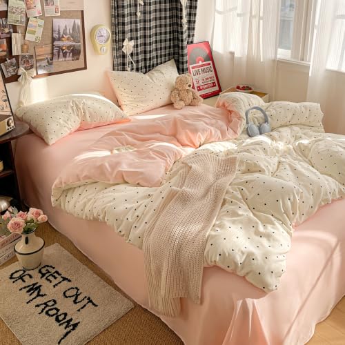 Image of Nayoroom Pink Polka Dot Duvet Cover Set Full Black White Dots Bedding