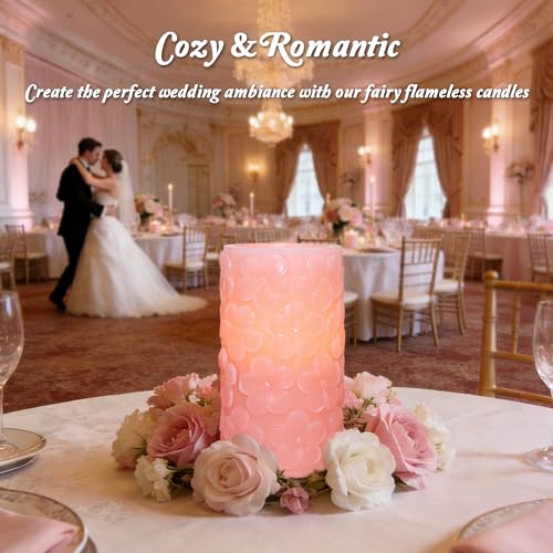 Image of Pink Flower Flameless Candle with 6H Timer, Pink Flower Carving Craftsmanship LED Battery Operated Candle, Modern Home Christmas Party Valentine's Day Decor